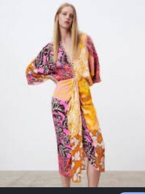 Zara Multicolor Floral Patchwork Faux Wrap Dress — Orange, Pink, Yellow